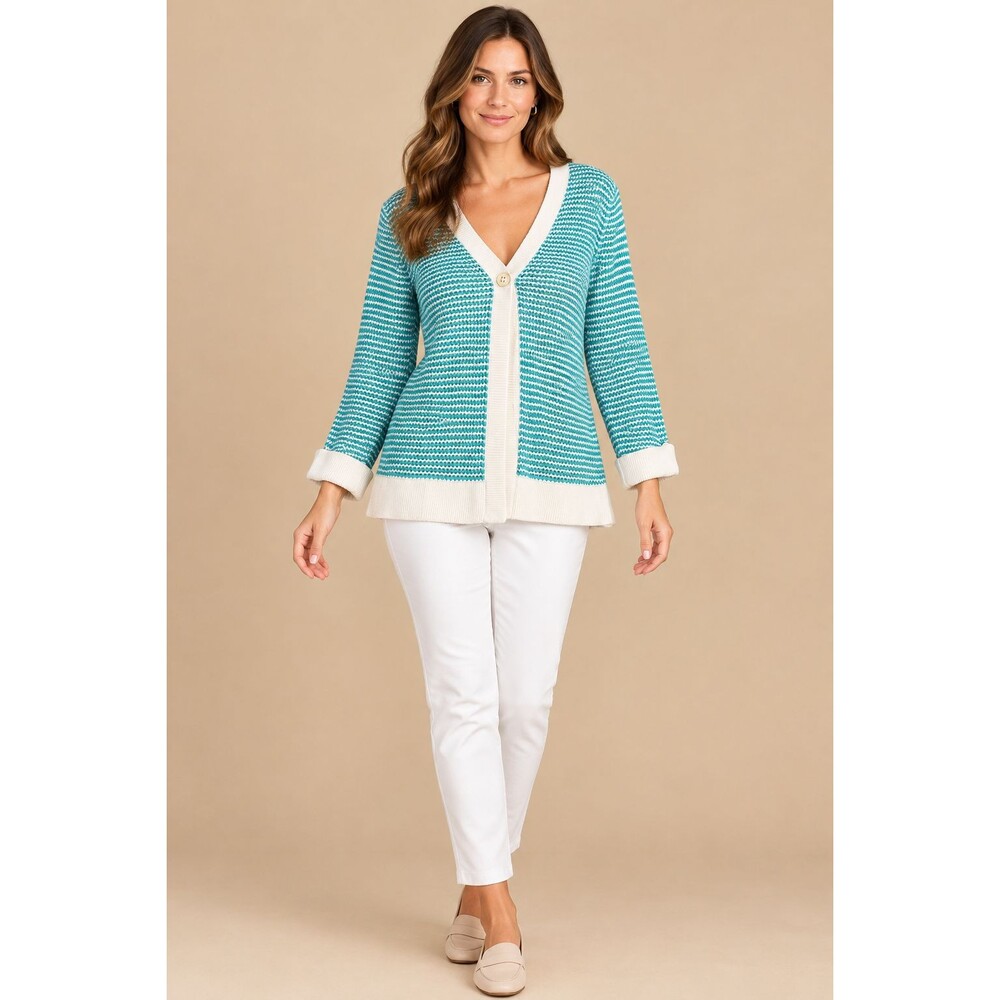 Spring + Mercer Teal White Striped Knit Single Button Cardigan Sweater Womens L
